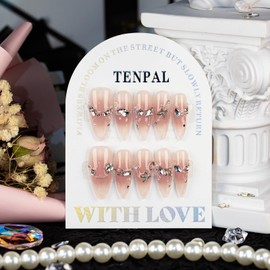 TENPAL Press on Nails Long Stiletto Gradient Pink Nails Press ons with Blush Sparkling Steel Beads Acrylic False Nalis with Butterfly Diamond Designs Ballet Artificial Nails For Women Girls(S)