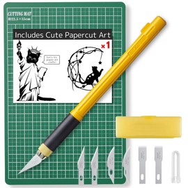 Exacto Knife 157B & Crafts Cutting Mat A5(8"x6"), Hobby Knife Set with 6 Spare Art Blades, Self-Healing & Cute Liberty Cat Papercut Templates