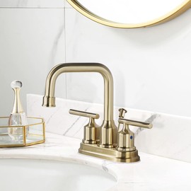WOWOW Brushed Gold Bathroom Faucet 4 inch Bathroom Sink Faucet 3 Hole RV Bathroom Faucets for Sink 2 Handle Vanity Faucet with Drain Assembly Centerset Lavatory Faucet 360-Degree Swivel Spout