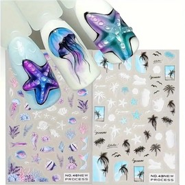 Summer Nail Art Stickers Decals Summer Palm Tree Nail Stickers Fun Summer Stickers for Nails 3 Pcs Sea Beach Cloud Jellyfish Butterfly Starfish Design Manicure Decals for Summer Nail Art Decorations