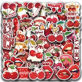 Cherry Stickers, 50 Pcs Cute Fruit Decals, Cherry Bomb Stickers for Kids, Red Aesthetic Vinyl Waterproof Decals for Water Bottles Laptop Cellphone Suitcase Skateboard Guitar