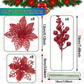 Zhuqing 22Pcs Christmas Poinsettia Artificial Flowers and Glitter Berries Stems Kit, 16Pcs Christmas Tree Flowers Ornaments and 6 Pack Christmas Tree Picks for Wedding Holiday Decorations (Red)