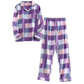 CHUNG Women Brushed Cotton Pyjamas Set Long Sleeve Button Down Tops Pants Flannel Sleepwear Lounge Cozy Warm Winter Plus Size (M, Blue Purple Plaid)