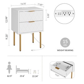 AEPOALUA Nightstand,Small Bedside Table with Gold Frame,White Night Stand,Bedside Furniture,Side Table with Drawer and Shelf for Bedroom,Living Room (Morden-Diamond-Outlet-2Drawers, White)