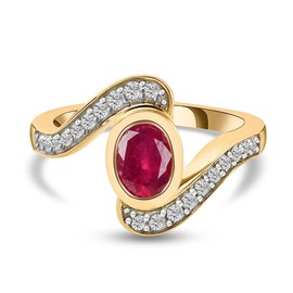 TJC Bypass Ring for Women in 14ct Gold Plated 925 Sterling Silver Size J Bezel Setting Promise Friendship Band Red Gemstone July Birthstone Metal Wt. 3.35 Grams