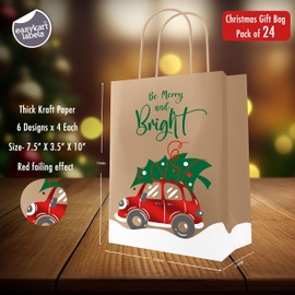 Easykart Labels 24 Christmas Kraft Gift Bags With Red Foiling for Holiday, Goody Bags, Xmas, Classrooms and Party Favors (9 x 7.3 x 3.3)