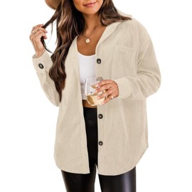 ZOLUCKY Women's Shacket Jacket Long Sleeve Shirts Casual Button Down Corduroy Jacket Fall Blouse Tops, Off White Medium