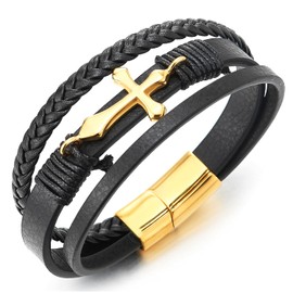 COOLSTEELANDBEYOND Mens Women Steel Horizontal Sideway Lateral Flat Gold Cross Three-Strand Black Leather Bracelet