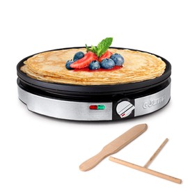 Gourmia 12” Crepe Maker – Nonstick Electric Griddle for Pancakes, Omelets & More, Precise Temp Control with Indicator Lights, Includes Spatula & Batter Spreader, Quick Cleanup, Stainless Steel Trim