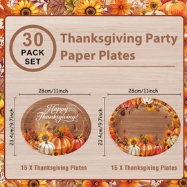 QIYANPAX Thanksgiving Paper Plates 30 PCS Large 9" x 11" Watercolor Pumpkin Woodgrain Disposable Oval Plates for Thanksgiving Autumn Harvest Table Decor