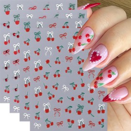 4Sheets 5D Embossed Cherry Nail Stickers Red Cherry Bows Nail Art Stickers Self Adhesive Diamond Cherries Bow Nail Decals Jelly Embossed Cherries Ribbons Nails Design Bowtie Nail Supplies for Women