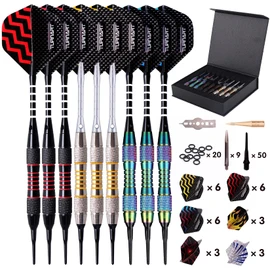 Turnart Darts Plastic Tip - Professional Soft Tip Darts Set for Electronic Dartboard 9 Pcs 18 Grams with 50 Extra Tip 9 Shafts 27 Flights Tool Kit Flight Protectors and Gift Case (Color)