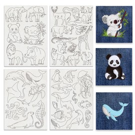 BENECREAT 4 Sheets 42Pcs Zoo Animals Water Soluble Embroidery Patterns, Land and Ocean Animals Hand Sewing Stabilizers Stick and Stitch Embroidery Paper for Shirts, Coats, Bags, Towels