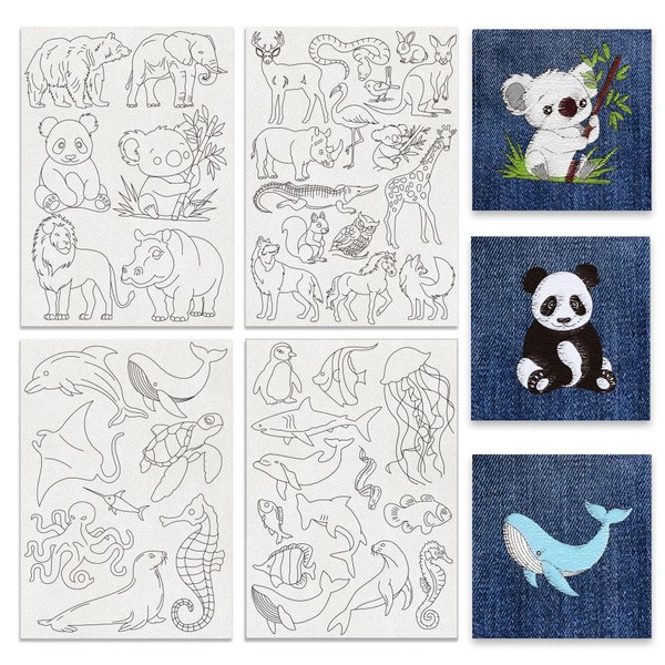 BENECREAT 4 Sheets 42Pcs Zoo Animals Water Soluble Embroidery Patterns,