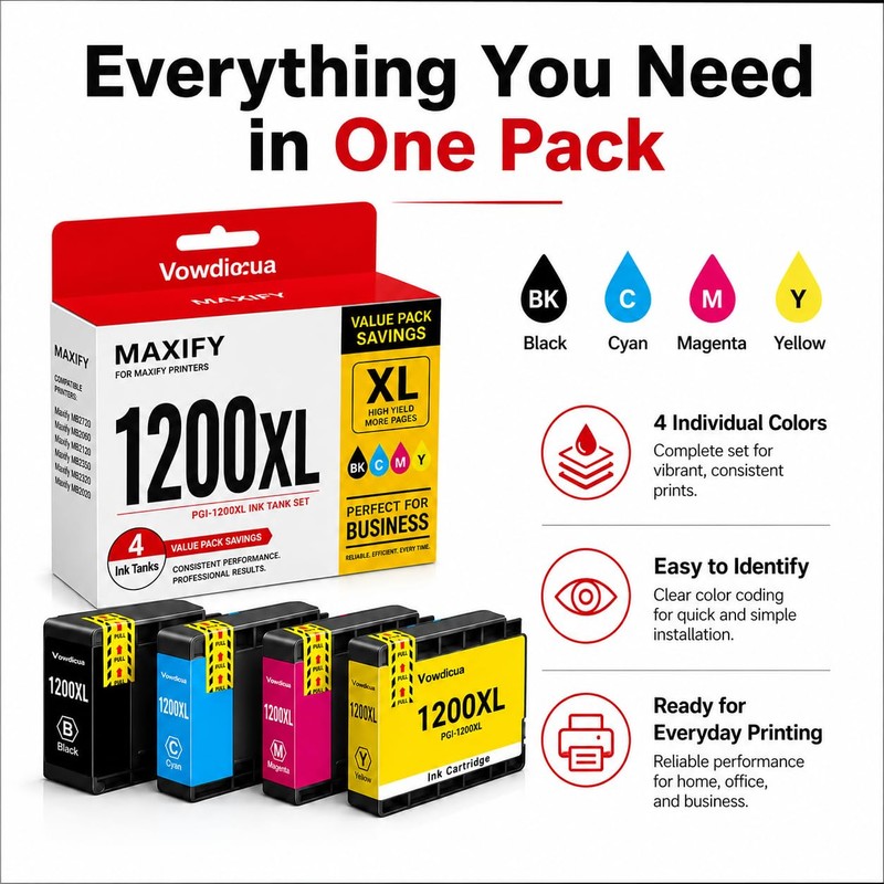 Vowdicua PGI-1200XL Ink Cartridge 4-Pack High Yield Replacement for Canon