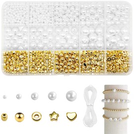 1240Pcs Pearl Beads for Bracelet Making, 4/6/8/10/12mm Pearl Bracelet Making Kit, Bracelet Beads Jewellery Making Supplies, Multi Shapes Pearls with Holes for Crafting for DIY Jewellery Making