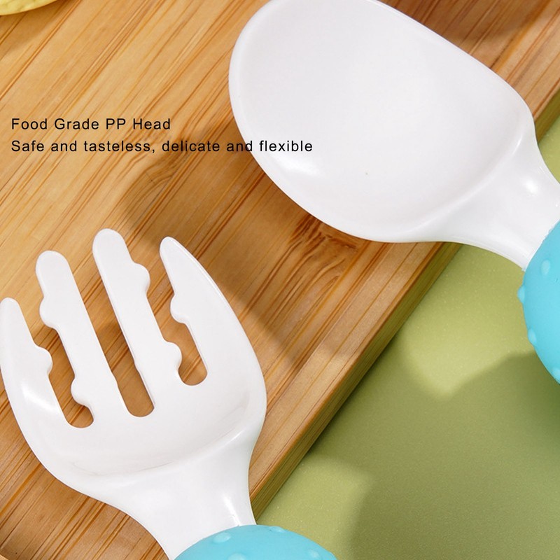 Baby Spoons Forks Set Short Handle Silicone Self Feeding Utensils