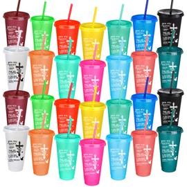 Potchen 28 Packs Christian Gifts for Women Religious Plastic Tumbler with Straw and Lid, Inspirational Bible Verse Glitter Travel Mug 24 oz Reusable Cup Thank You Gifts for Birthday (14 Colors)