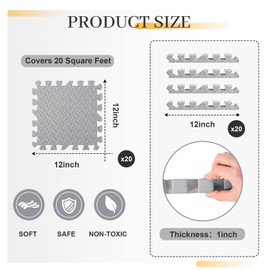 Arrowbash 20 Tiles 12x12x1 Inch EVA Thick Interlocking Foam Floor Tiles Puzzle Exercise Mat Foam Mats for Pets Boys Girls Classroom Nursery Gym(Grey)