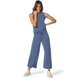 Sampeel Summer Outfits for Women Two Piece Set Casual Wide Leg Pants Vacation Lounge Sets Travel Business Casual Outfits Trending Matching Sets Women Clothing Blue L