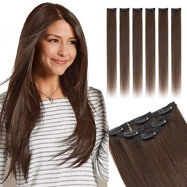 Elailite Real Hair Clip In Extensions Human Hair Brown Double Weft 6 Pcs Seamless Highlights Hairpieces Straight Remy - #02 Dark Brown - 20 Inch 44g