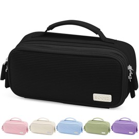 Sooez Large Pencil Case Pouch, Soft Corduroy Pencil Bag with Handle, Cute Pen Case, 5 Compartments, Wide Opening Pen Pouch Organizer with Zipper, Aesthetic School Supplies for Girls Women, Black