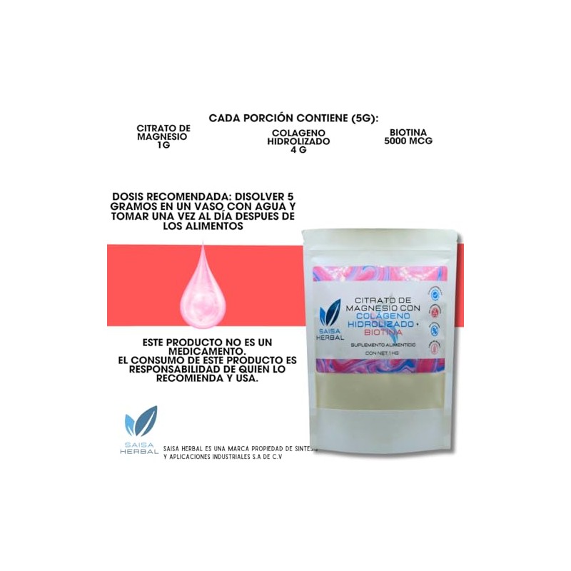 Colageno Hidolizado Citrato de Magnesio Biotina Bolsa con 1 Kg