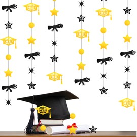 Epakh 4 Pack Black and Gold Graduation Decorations 2025, 52ft Star Graduation Hat Diploma Garland Hanging Wall Streamers Backdrop Grad Party Banner for College High School Ceiling Home Classroom