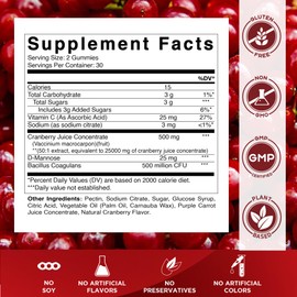 Vitamatic Vegan Cranberry Gummies with D-Mannose, Probiotics & Vitamin C – 25,000 mg Equivalent per Serving (from 50:1 Extract 500 mg) – 60 Count – Urinary Tract Health Support for Women