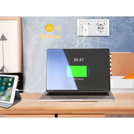 Sasudose Double Socket with 2 USB Ports and 2 Type C, System 55 Pure White Glossy USB Socket Flush-Mounted Fits Standard 2-Way Flush-Mounted Wall Socket for Smartphone, Socket Depth Only 32 mm