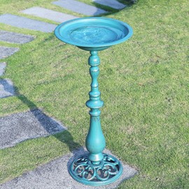 AIHAOKAN 26.6”H×12.3" W Cast Iron Pedestal Bird Bath，Metal Birdbaths Bird Feeder Seed Tray for Garden Yard Decor -Blue.
