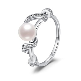 KEQ 925 Sterling Silver Shell Pearl Wedding Bands for Women Stackable Cubic Zirconia Signet Ring Dainty Statement Rings for Her Size 6-8 (Pennant Ring, 6)