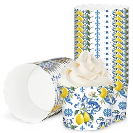 FYSUIMU 100Pcs Blue Tile Lemon Paper Baking Cups Watercolor Lemon Cupcake Wrappers Summer Scalloped Edge Cupcake Muffin Cases for Dessert Decoration