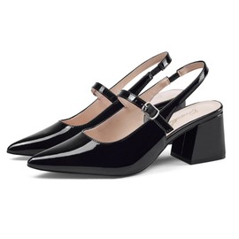 GENSHUO Women’s Slingback Chunky Heels 2.36 Inch Closed Pointed Toe Mary Jane Pumps Low Block Heels for Women Classic Comfort Party Daily Office Shoes Patent Black Size 9