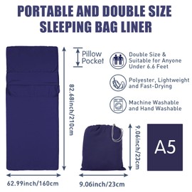Plliocse Sleeping Bag Liner Travel Sheet Sleeping Bag, Double Size 160 x 210 cm Sleeping Bag Liners with Pillow Pockets for Adults, Travel, Hotels, Business Trip, Camping (Navy Blue, 160cm x 210 cm)