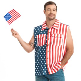 American Flag Denim Vest for Men, 4th of July Patriotic Vintage Sleeveless Jean Jacket, Independence Day USA Casual Shirt