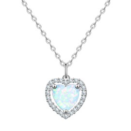 KristLand Moonlight Collection Forever Love S925 Silver Necklace Decorated Heart White Opal Pendant for Women Wife Daughter Gift, Silver White Gold, Opal