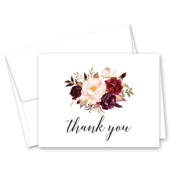 50 cnt Rustic Watercolor Floral Thank You Cards with Envelopes (Burgundy)