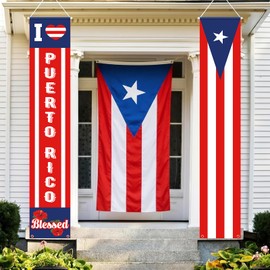 2 Pcs Puerto Rico Flag Porch Banners Patriotic Decoration 71 x 12.6 Inch Waterproof Polyester Hanging Outdoor Door for Cultural Celebration Home Garden (I Love Puerto Rico,Blue)