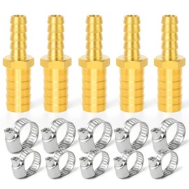 ERGAOBOY 5pcs 8mm x 12mm Brass Reducing Hose Connector Straight 2 Way Hose Fitting with 10pcs Clamps