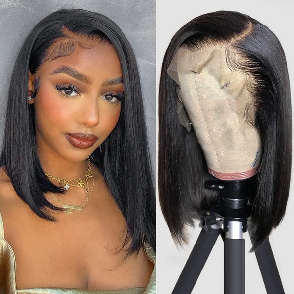 Flady Straight Bob Wig Human Hair 13x4 HD Frontal Lace Wig 150% Density Short Bob Wigs for Black Women Glueless Bob Lace Front Wigs Human Hair Pre Plucked Natural Color 12 inch