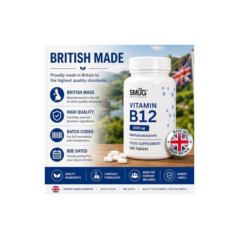 Vitamin B12 Methylcobalamin 1000mcg - 365 Vegan Tablets - SMUG