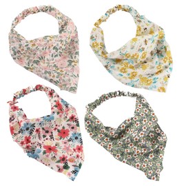 Pokinge 4 Pcs Floral Elastic Hair Scarf Headband, Cute Triangle Hair Bandanas Without Clips, Summer Boho Flower Print Turban Hair Bands for Women Girls