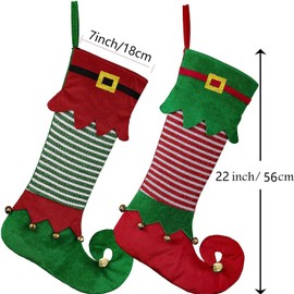 Norhogo Pack of 2 Red Green Elf Christmas Stockings, Fabric Santa Stocking Christmas Decoration Christmas Socks for Filling and Hanging for Fireplace, Shop Window, Christmas Tree (56 x 18 cm)