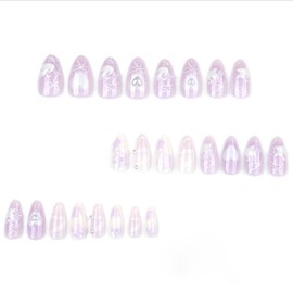 Foccna Press on Nails Almond Medium Pearl White Fake Nails French Glossy 3D Flower False Nail Tips Artificial Nails Finger Manicure for Women 24 pcs