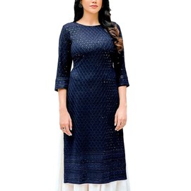 ladyline Rayon Hakoba Chikhan Bordado y Lentejuelas Kurti para mujer, túnica india Kurta, Azul marino (Po), 36
