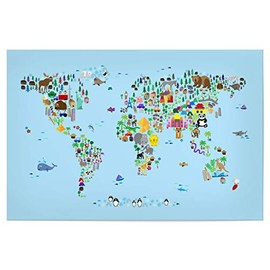 artboxONE Poster 30 x 20 cm for Children Animal Map of The World V - Picture Map of the World Map of the World Colourful