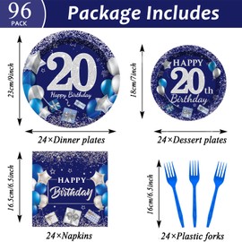 96 Pcs 20th Birthday Party Supplies Navy Blue and Silver Birthday Plates 20th Birthday Paper Tableware Happy Birthday Party Plates and Napkins Forks Blue Birthday Table Decorations for 24 Guests