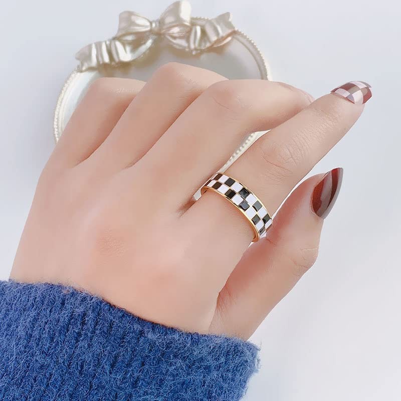 Checkerboard Bands Statement Finger Ring 14K Gold Black White Titanium