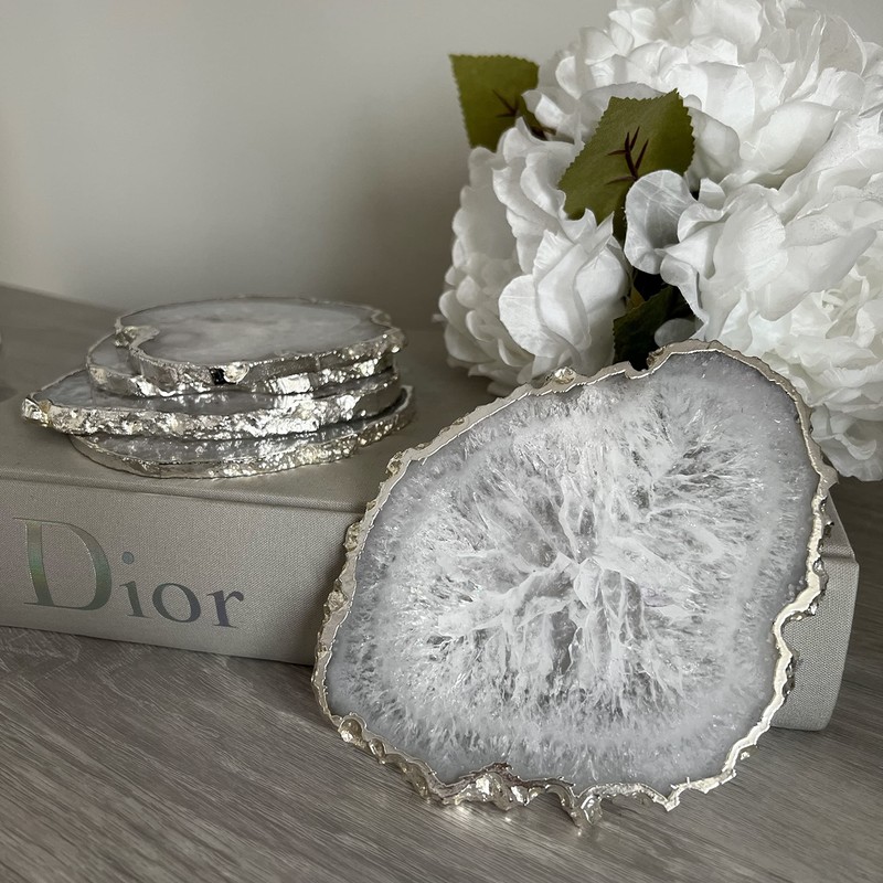 Crystal Coasters -White and Silver Salt Agate - Set of
